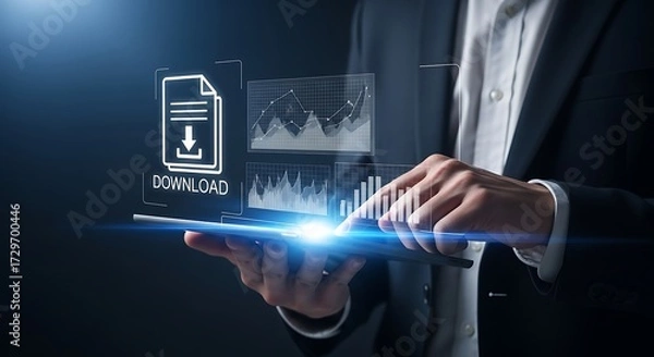 Fototapeta Person using tablet with download icon and financial charts on digital interface file document