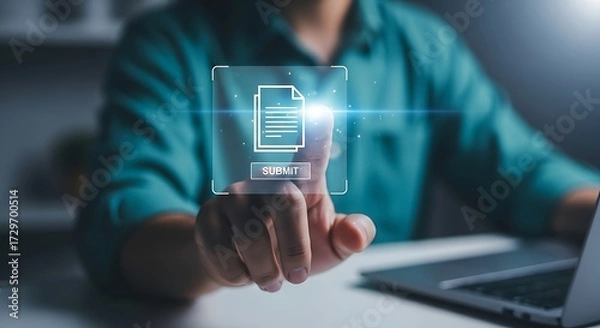 Fototapeta Person's finger touching a digital document submission icon on a screen submit file