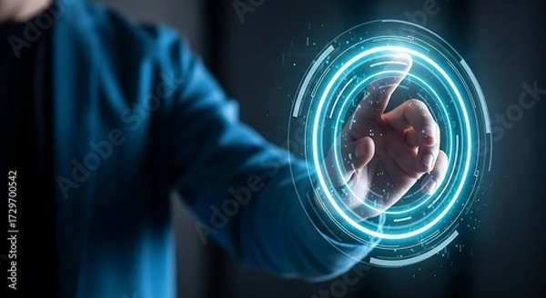 Fototapeta Person's Hand Interacting with Futuristic Glowing Digital Interface Circle technology future