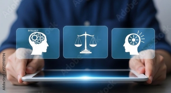 Fototapeta Tablet displaying intellect, justice scales, and idea icons with person holding device intelligence
