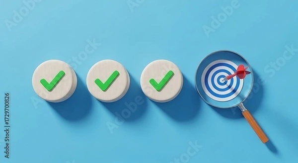 Fototapeta Three checkmarks on wooden discs and a dart hitting a target through a magnifying glass tick