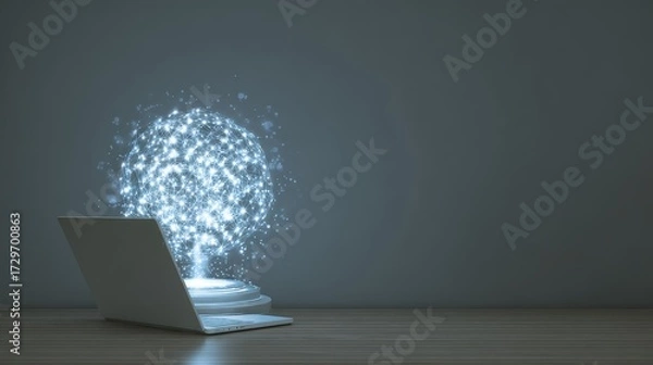 Fototapeta AI powered data analytics hologram above laptop, futuristic digital technology and business intelligence concept.