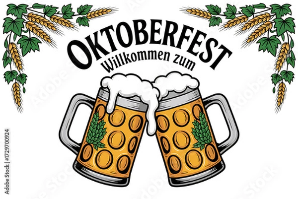 Fototapeta Two frothy beer mugs clinking together amidst green hops decorative elements isolated on transparent background