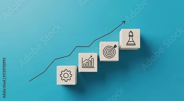 Fototapeta Wooden blocks with business icons forming a rising graph on blue background growth success