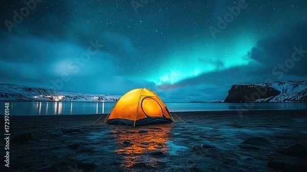 Obraz Glowing Yellow Camping Tent Under Green Northern Lights Aurora - Travel Adventure Landscape Background, Photo Composite