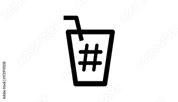 Fototapeta Simple black outline graphic of a cup with a straw and a hashtag pattern
