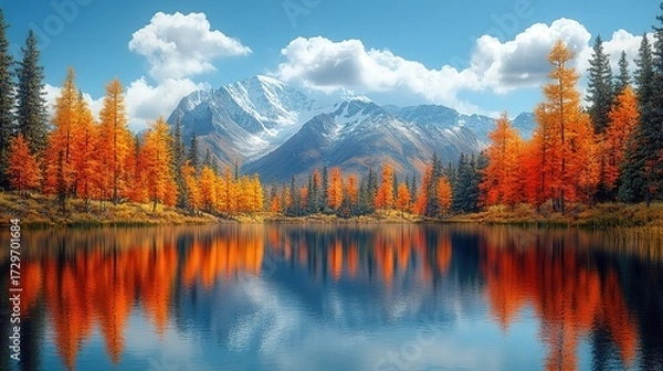 Obraz Autumn Lake Landscape: Colorful Forests Reflected in Calm Water with Distant Mountains, Ideal for Landscape Decoration, Seasonal Design, Nature Scene Material