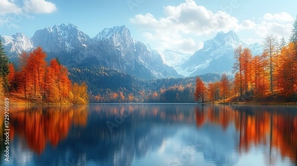Obraz Autumn Lake Natural Landscape: Colorful Forests Reflected in Calm Water with Distant Mountains, Ideal for Landscape Decoration, Seasonal Theme Design, Nature Scene Material