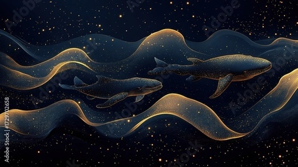 Obraz Dark Blue Background with Golden Line Art Whales Abstract Vector for Wallpaper, Decor, Print, Pattern