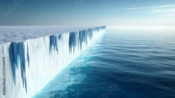 Fototapeta Melting glacier with water flowing into ocean, climate change crisis and environmental conservation concept.