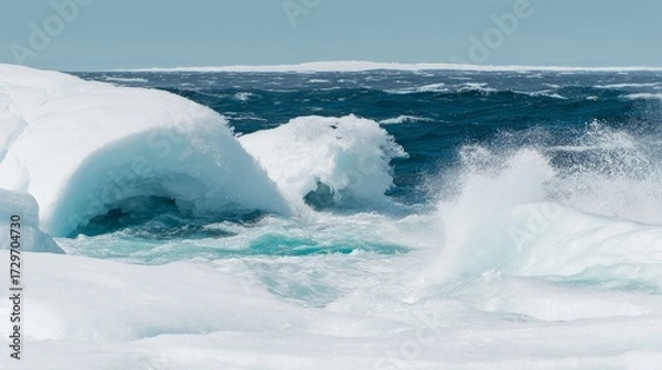 Fototapeta Melting glacier with water flowing into ocean, climate change crisis and environmental conservation concept.