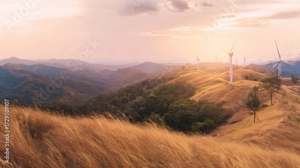 Fototapeta Wind turbines on hilltop generating clean renewable power with sunset sky, sustainable energy and environmental conservation concept.