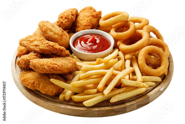 Fototapeta Delicious appetizer platter with fried chicken fries onion rings and ketchup dip isolated on transparent background