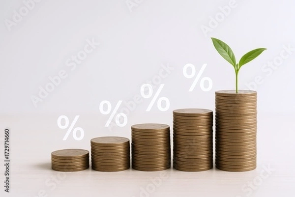 Fototapeta Growing Investment: Stacked Coins with Sprout and Increasing Percentage Signs Representing Financial Growth