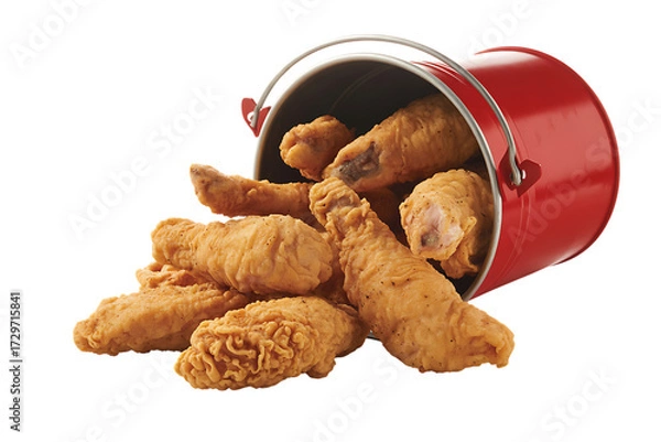 Fototapeta Crispy fried chicken wings spill out of red bucket appetizer food photography isolated on transparent background