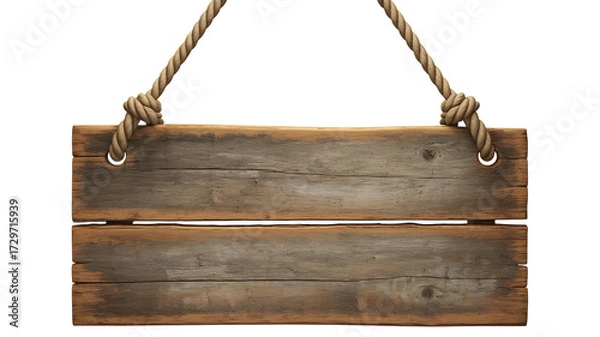 Fototapeta Rustic wooden sign suspended by thick rope for customizable messaging isolated on transparent background