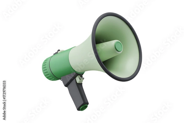 Fototapeta Close-up of a green and white megaphone device for amplifying sound and communication isolated on transparent background