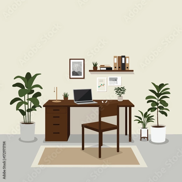 Fototapeta Minimalist Office Desk Vector Illustration with Indoor Plants in Modern Style