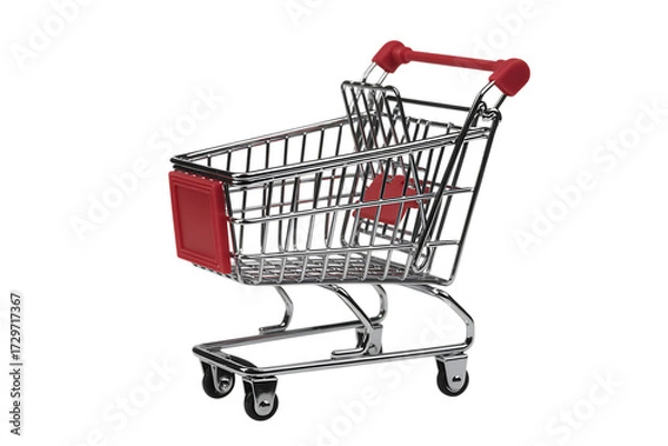 Fototapeta Miniature metal shopping cart with red accents isolated on a solid dark surface isolated on transparent background