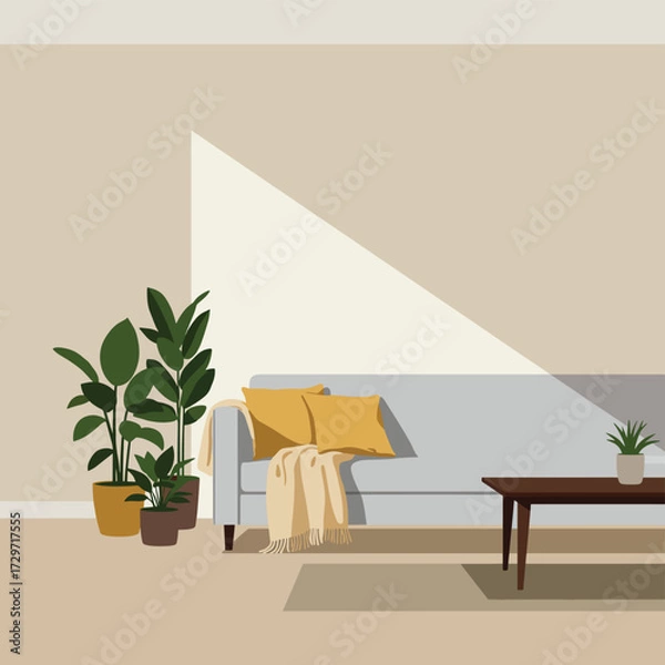 Fototapeta Minimalist Vector Illustration of Living Room Scene with Couch and Potted Plants in Organic Style