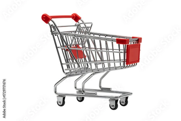 Fototapeta Miniature shopping cart with red handle and accents represents retail and commerce isolated on transparent background