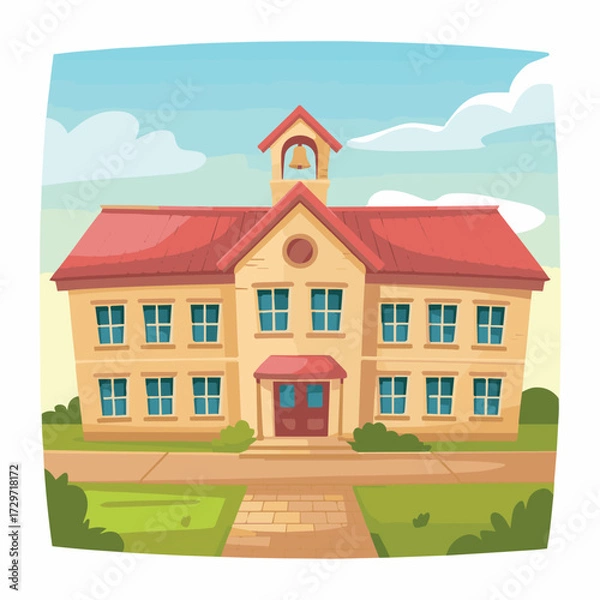 Obraz Cartoon school building illustration for education learning with bell tower and blue sky background image vector