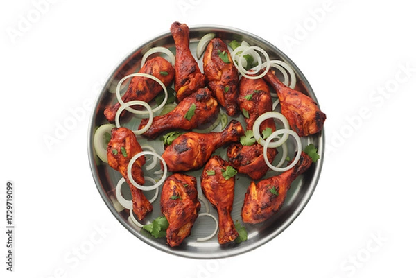 Fototapeta Deliciously spiced chicken skewers garnished with fresh onion rings and herbs top view isolated on transparent background