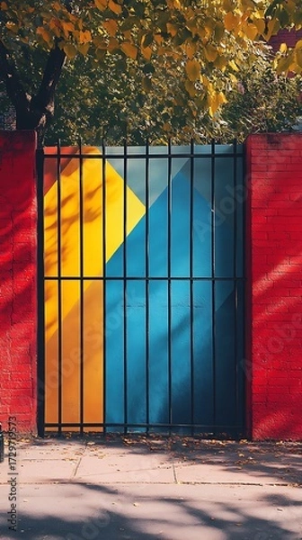 Fototapeta Vibrant abstract art gate with red and blue walls invites exploration