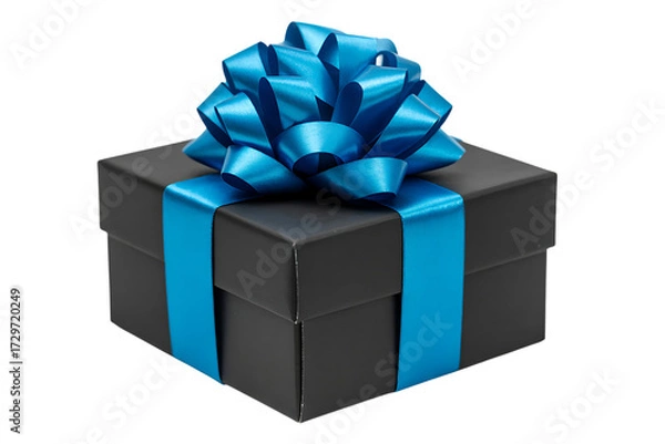 Fototapeta Elegant black gift box with vibrant blue ribbon and bow for special occasions isolated on transparent background