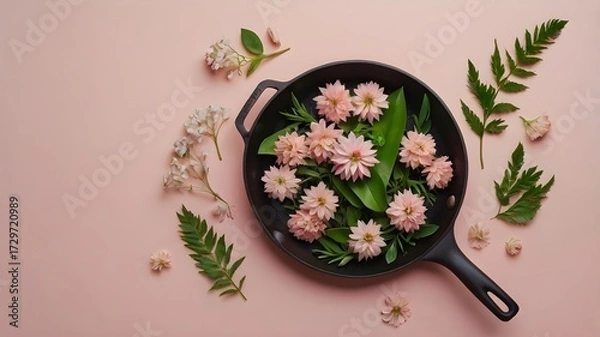 Fototapeta Creative concept with spring flowers and green leaves in frying pan on pastel pink background. MInimal nature flat lay.
