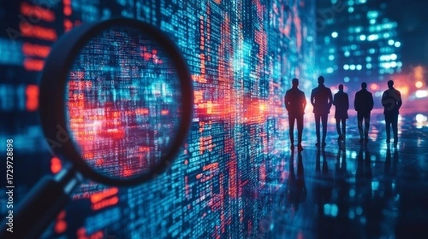 Fototapeta Futuristic cyber security concept, silhouettes of people standing near illuminated digital code walls, magnifying glass highlighting data, online safety, data analysis, surveillance, digital identity