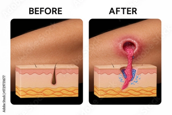 Fototapeta Skin infection illustration: Before and after.