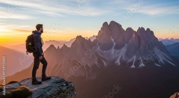Fototapeta A hiker stands on a rocky outcrop, gazing at a stunning mountain range at sunset.