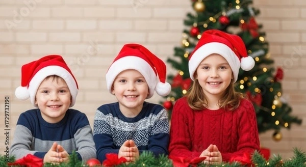 Fototapeta Three children in Santa hats sitting in front of a Christmas tree with ornaments and lights.