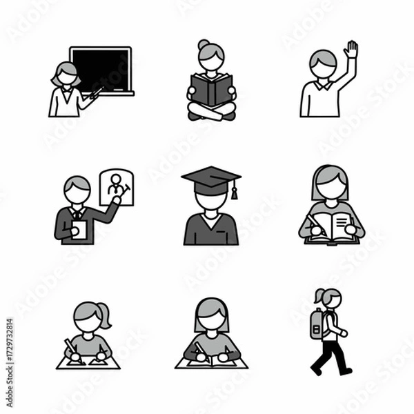 Obraz Diverse educational icons representing teachers students and academic pursuits in monochrome design