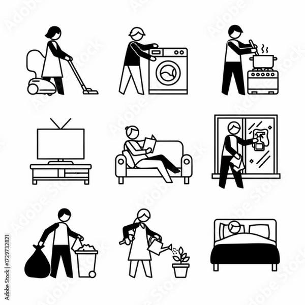 Obraz Collection of minimalist icons depicting various household chores and leisure activities