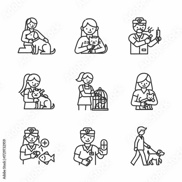 Obraz Set of veterinary care and animal welfare line icons showing different treatment stages