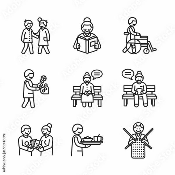 Obraz A set of minimal line art icons depicting elderly care and senior activities concept illustration