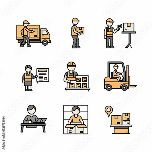 Obraz Delivery service icons showcasing diverse logistics activities and professional workers