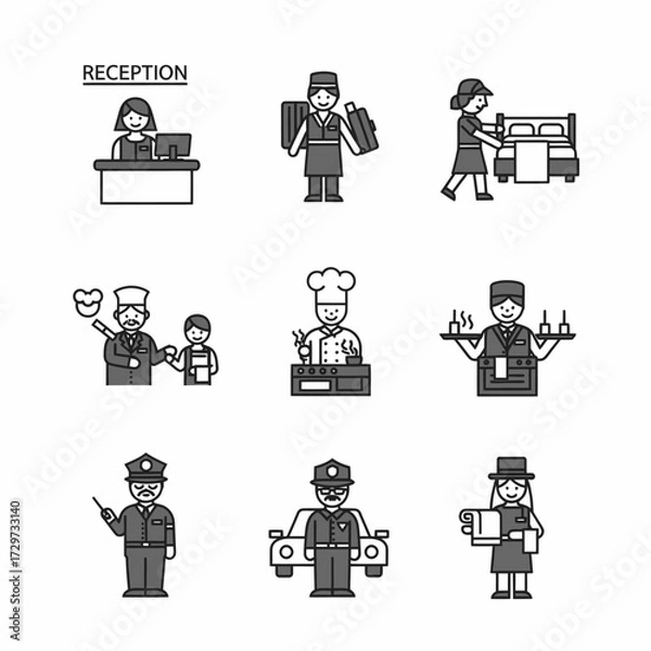 Obraz Hotel staff vector icons depict reception porter maid chef waiter and security personnel