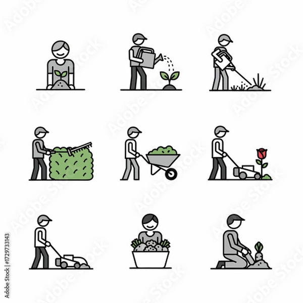 Obraz Collection of gardening themed vector icons depicting various gardening activities outdoor