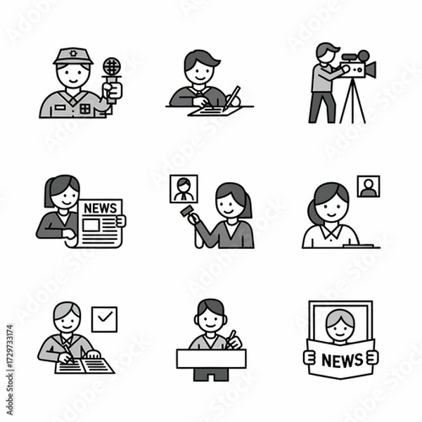 Obraz Illustrations depicting various journalistic roles and news dissemination channels vector style