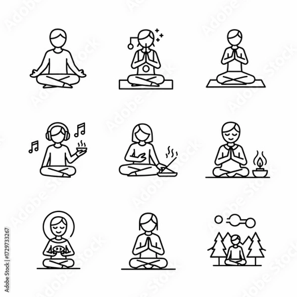 Obraz Collection of yoga poses and meditation techniques in simple line art illustrations