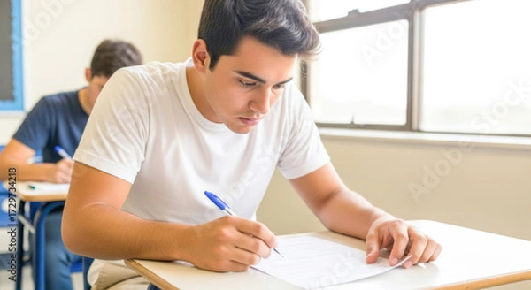 Fototapeta A young man in a white t-shirt writing on a piece of paper in a classroom.