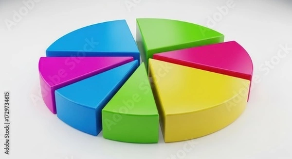 Fototapeta A colorful pie chart with six segments in blue, green, pink, yellow, and orange colors.