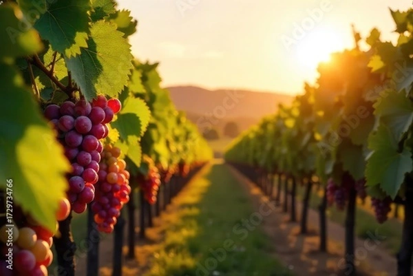 Fototapeta Sunlight dapples rows of ripe grapes hanging heavy on the vine, ready for harvest in a picturesque vineyard Golden hour casts a warm glow on the lush landscape , grapes, sunlight, scenic