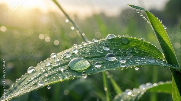 Obraz Macro Dew Drops on Green Leaf —AI GENERATED
