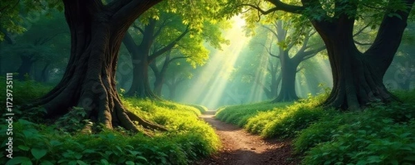 Fototapeta Sunlight dapples through the dense canopy of a lush, ancient forest, illuminating a path winding through towering trees and vibrant undergrowth , green, branches