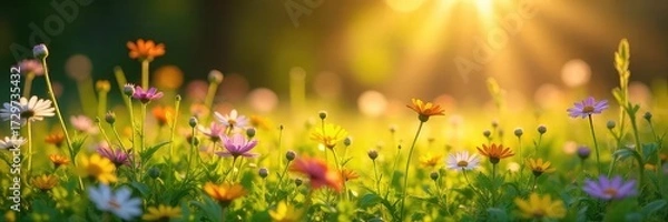 Fototapeta Sunlight streams through wildflowers in a vibrant meadow, illuminating golden hues of grasses and blossoms A peaceful, idyllic scene perfect for nature-themed projects , calm, gold