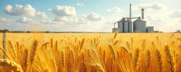 Fototapeta Vast fields of golden wheat swaying gently in the breeze, ready for harvest at a large-scale flour plant The scene showcases the agricultural origins of flour production , farming, flour